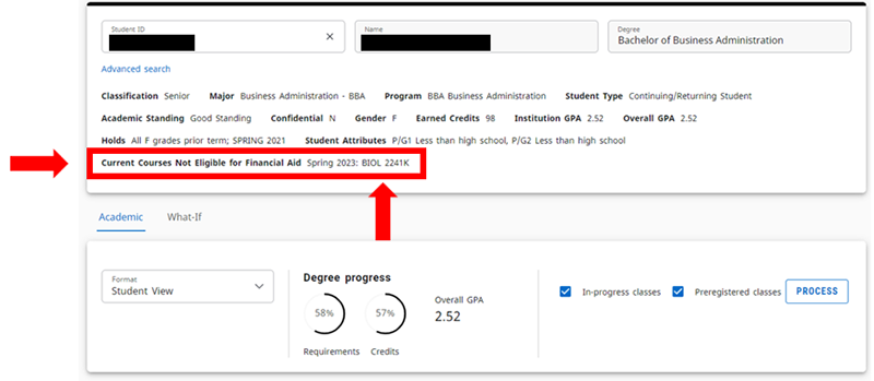 Current Courses dashboard view image of not covered by Financial Aid