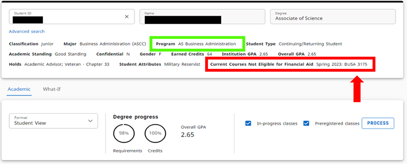 Image of Dashboard to find non eligible course list 